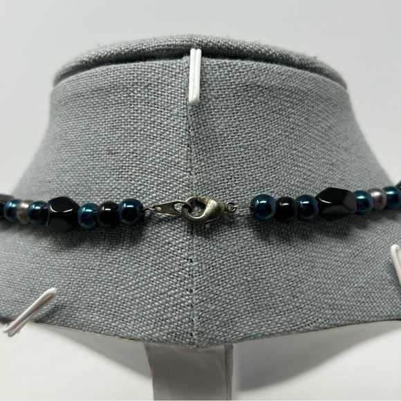 Classic Black Lava Rock Beaded Necklace with Blue and Black Marble Beads - Picture 4 of 11